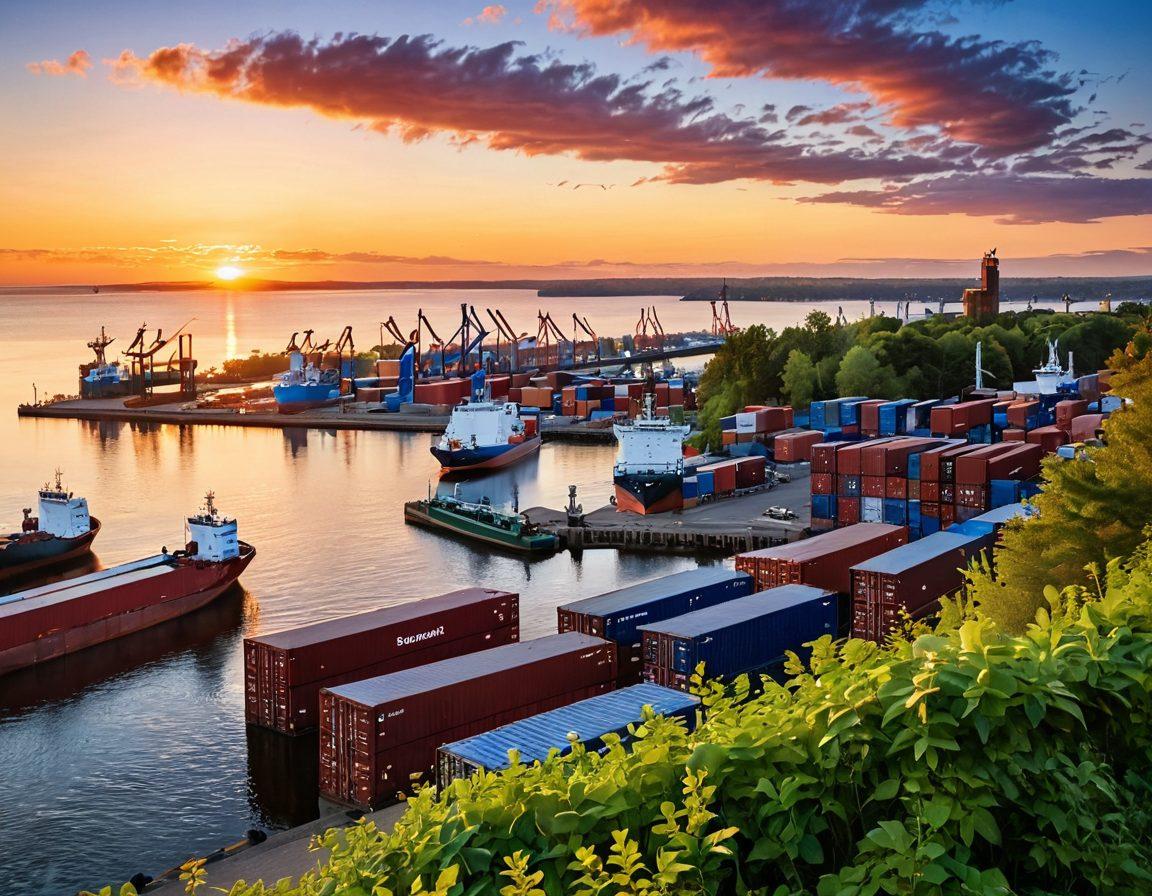 A vibrant scene of Duluth's harbor at sunrise, with ships and cargo containers showcasing the shipping industry’s activity. Include seagulls in flight and lush greenery in the background, highlighting the beautiful lakeside city. Add icons or symbols representing positive news, like upward arrows or smiling faces, subtly integrated into the landscape. The overall atmosphere should evoke excitement and optimism. super-realistic. vibrant colors. white background.