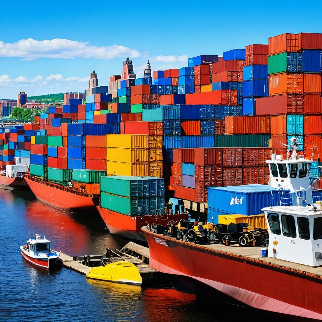 A vibrant harbor scene in Duluth, featuring colorful shipping containers, bustling dock workers, and majestic ships against a sunny blue sky. Include a picturesque view of the city skyline in the background, with cheerful tourists enjoying the waterfront. Emphasize feelings of joy and activity, reflecting the thriving shipping scene. bright colors. super-realistic. 3D.