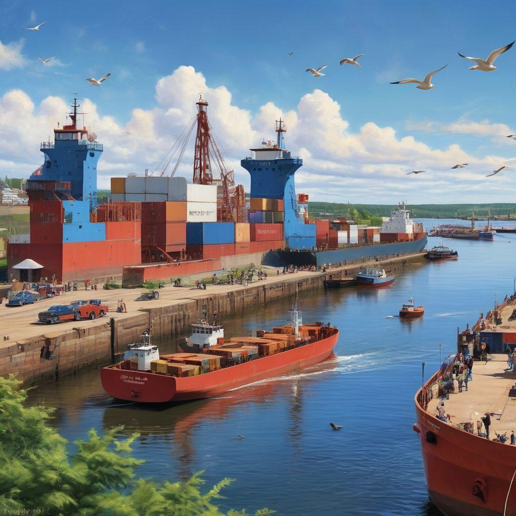 A vibrant harbor scene depicting bustling shipping activity in Duluth, with colorful cargo ships being loaded and unloaded. In the foreground, cheerful people enjoying the waterfront, with ducklings swimming and seagulls soaring in a bright blue sky. Incorporate local landmarks and lush greenery to emphasize the community. super-realistic. vibrant colors. dynamic perspective.